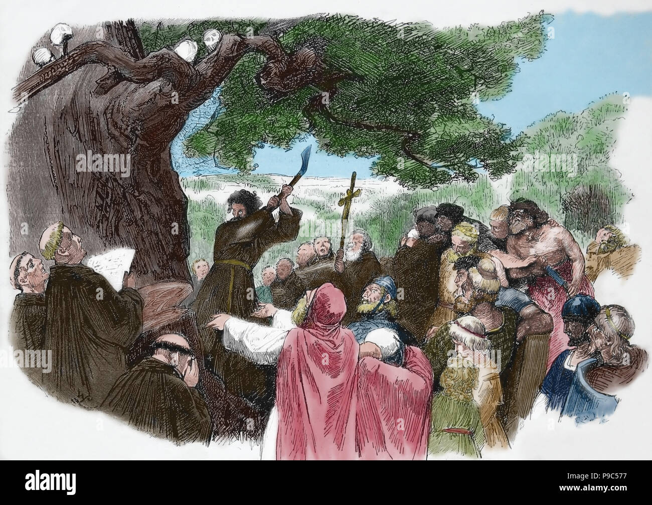 St. Boniface (675-754)  destroying the Donar's Oak. Missionary work in Germania. Engraving, Germania, 1882. Stock Photo