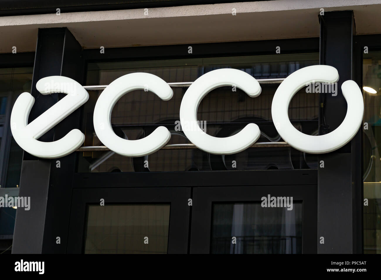 Wiesbaden, Germany - June 03 2018: ECCO logo on a facade. Shoe shop brand  photo. Fashion shop entrance Stock Photo - Alamy