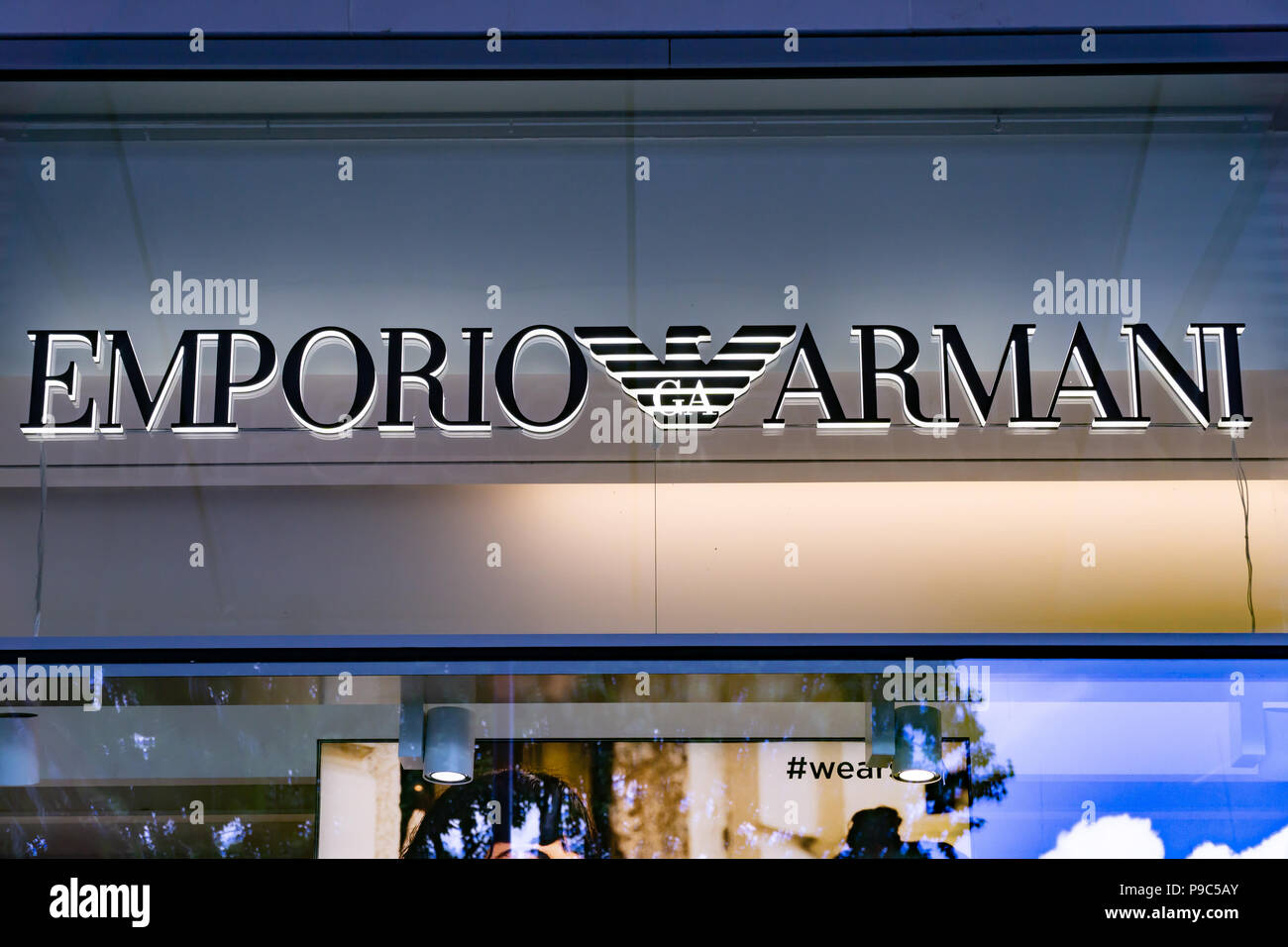 Wiesbaden, Germany - June 03 2018: EMPORIO ARMANI logo on a facade. Armani  is an international fashion house, founded in 1975 by Giorgio Armani Stock  Photo - Alamy