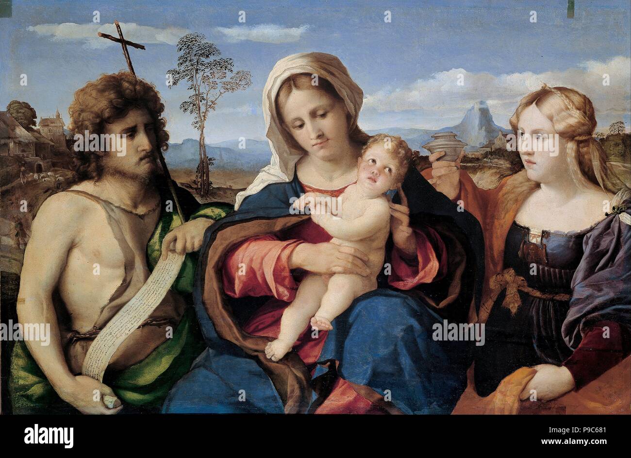 Madonna and Child with Saint John the Baptist and Mary Magdalene. Museum: Musei di Strada Nuova, Genoa. Stock Photo