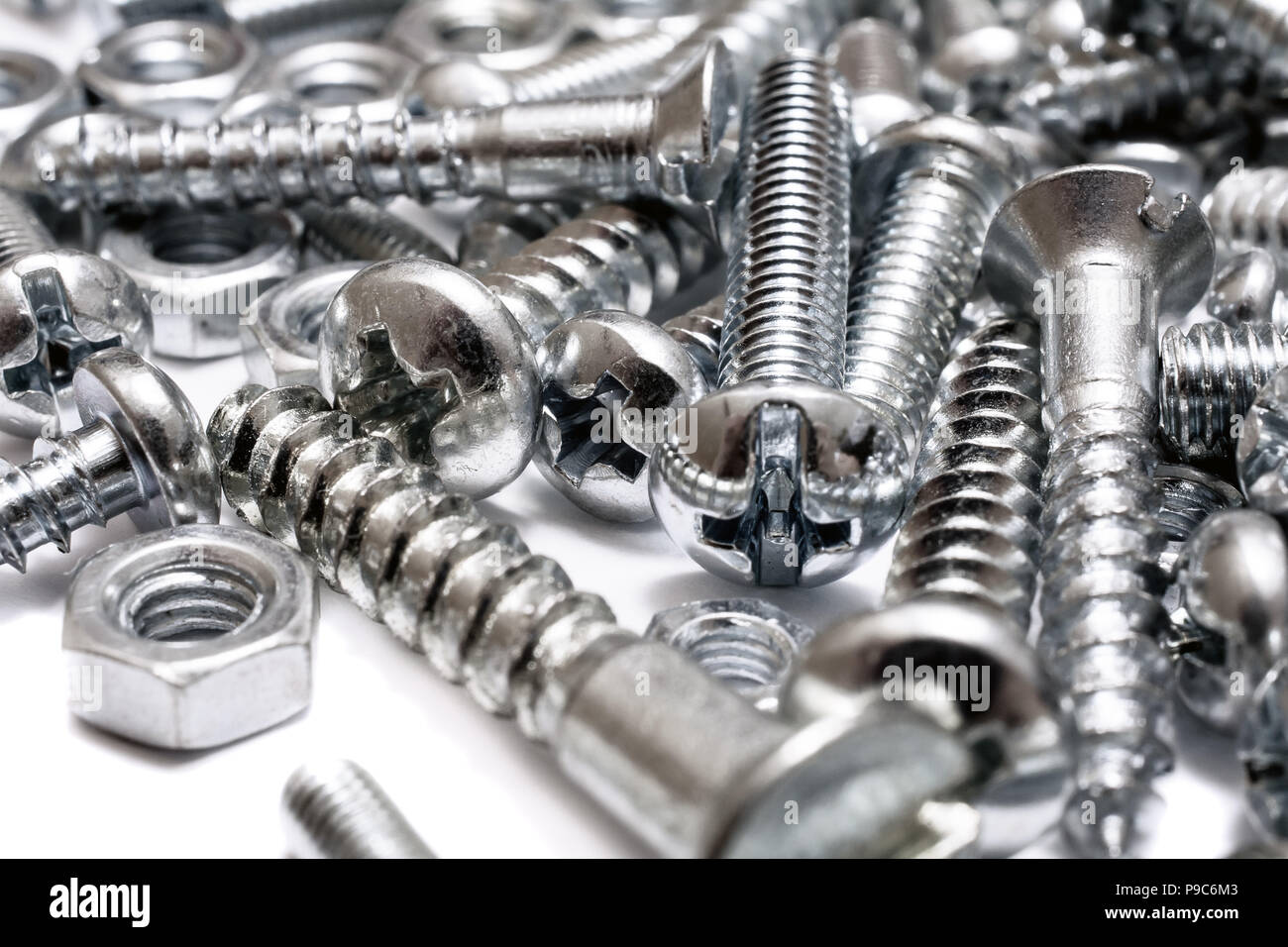 Macro Of A Big Collection Of Iron Screws, Wood Screws And Bolts Stock Photo