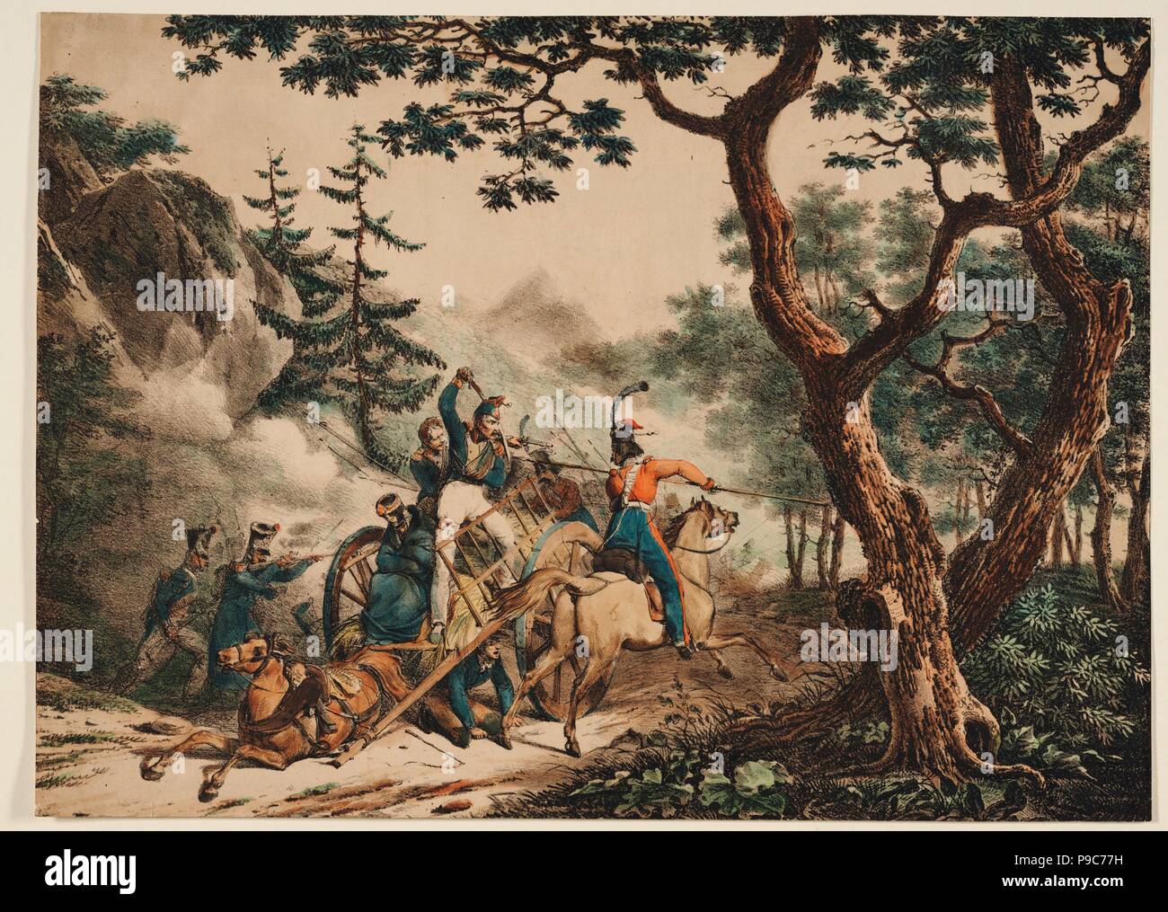 Cossacks attacking French soldiers in a forest. Museum: PRIVATE COLLECTION. Stock Photo