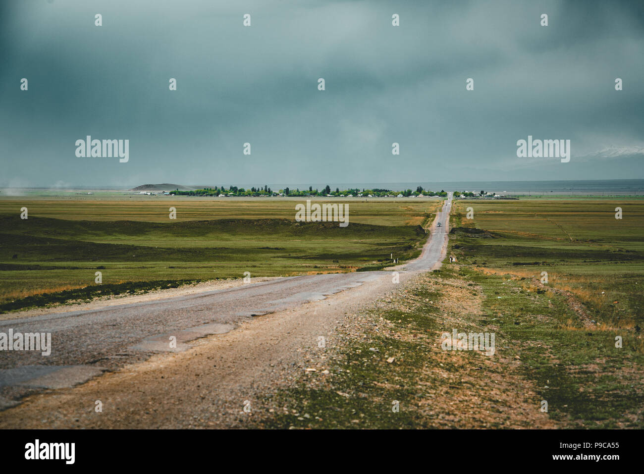 Highway street empty with green Kazakhstan Steppe view Stock Photo
