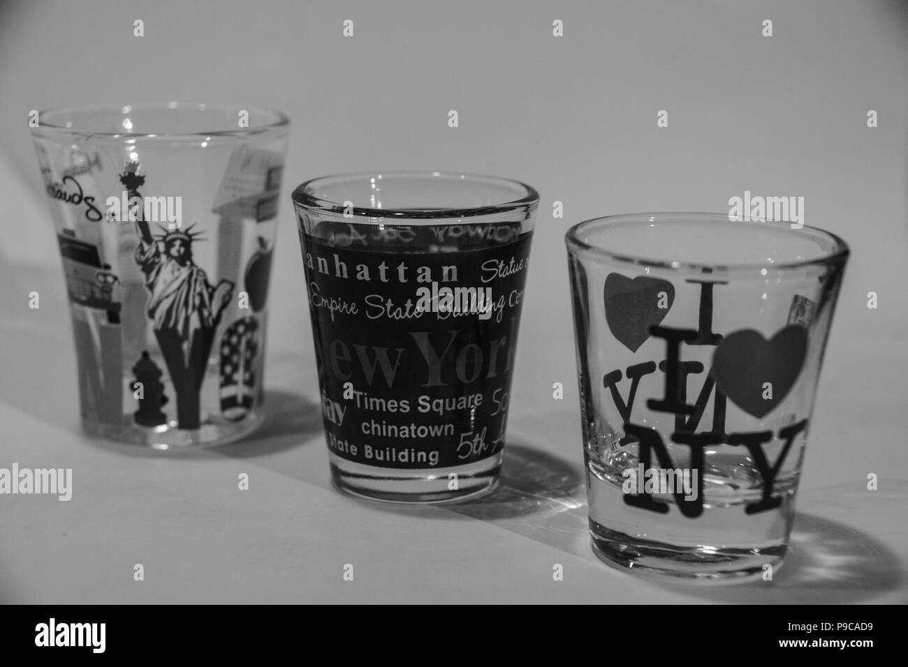 New York Shot Glasses in Black & White and Perspective Stock Photo