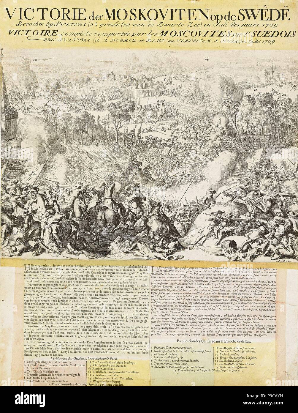The Battle of Poltava on 27 June 1709 (Broadside). Museum: PRIVATE COLLECTION. Stock Photo