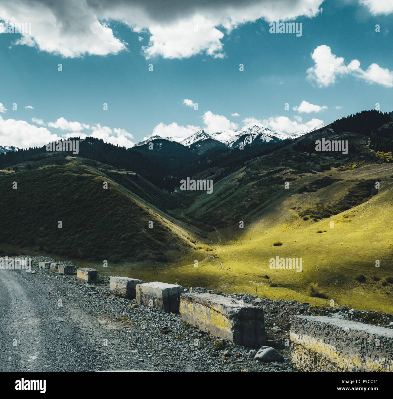 Tianshan Steppe Street in steppe with Tian Shan mountains in background, Kazakhstan ...