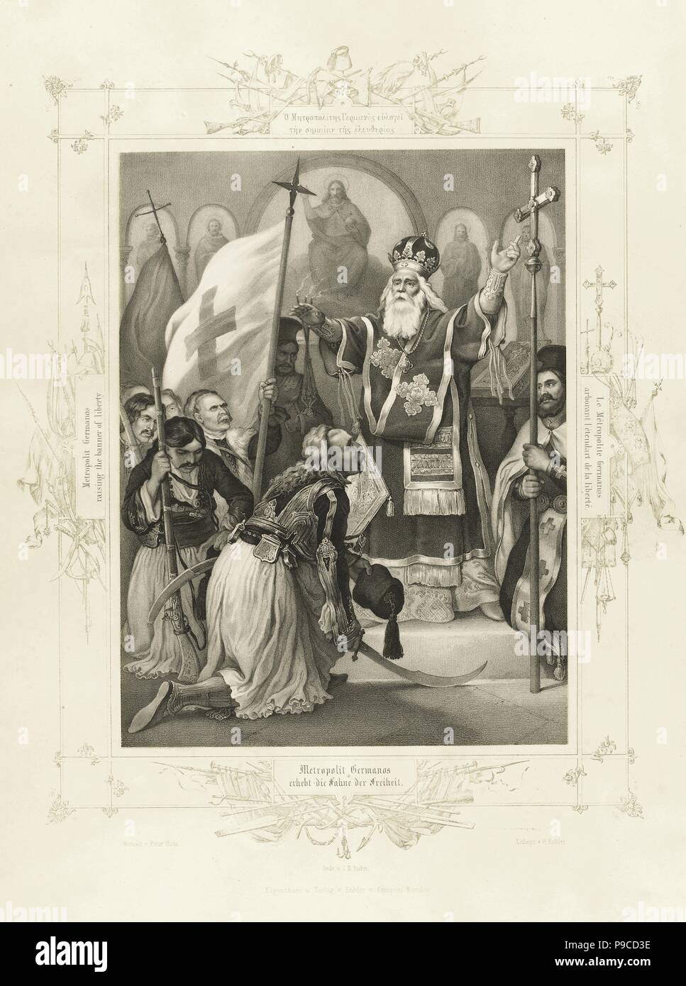 The Metropolitan Germanos raising the banner of freedom (From the Album of Greek Heroism). Museum: PRIVATE COLLECTION. Stock Photo