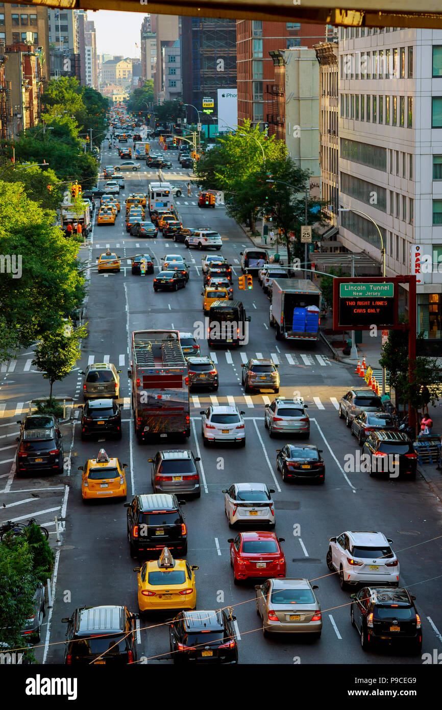 NEW YORK CITY - Jujy 02, 2018: Rush hour with cars and yellow taxi cabs ...