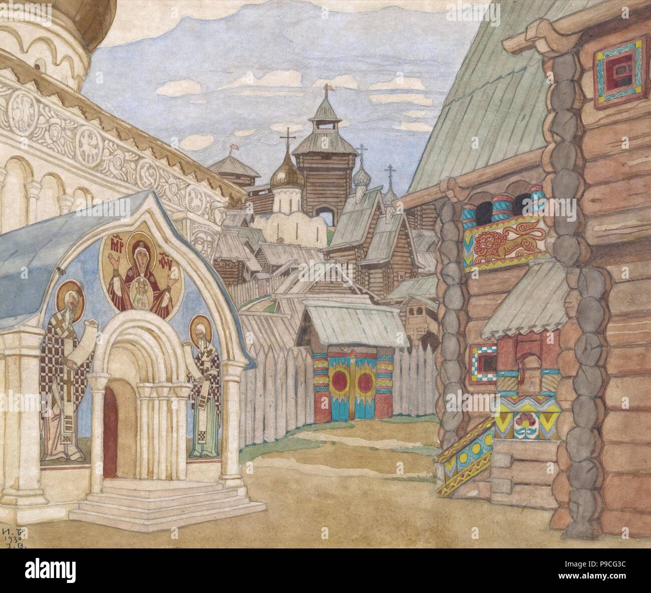Russian Village. Stage design for the opera The Tale of Tsar Saltan by N. Rimsky-Korsakov. Museum: PRIVATE COLLECTION. Stock Photo