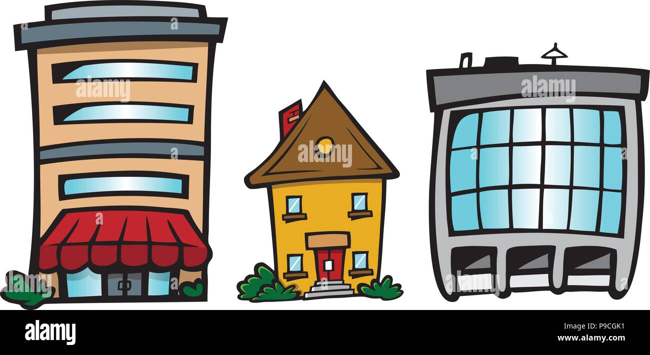 cartoon vector illustration of a home and buildings Stock Vector