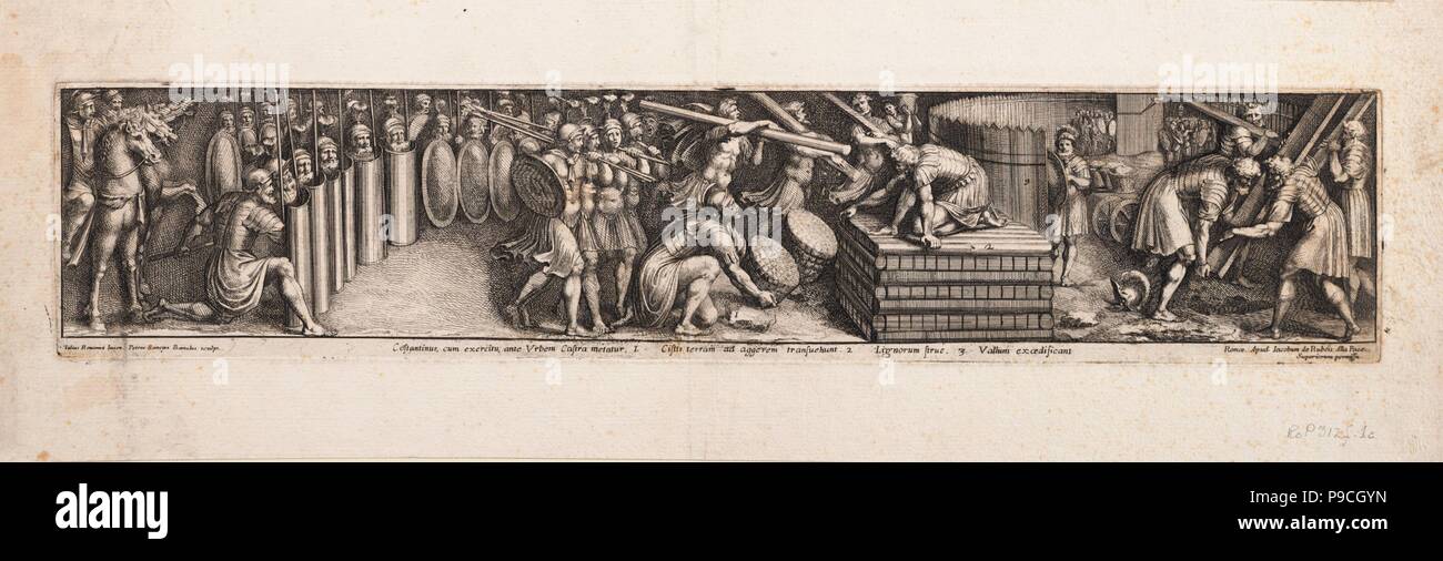 Roman soldiers building stockade, under Emperor Constantine I' supervision (after Giulio Romano). Museum: PRIVATE COLLECTION. Stock Photo
