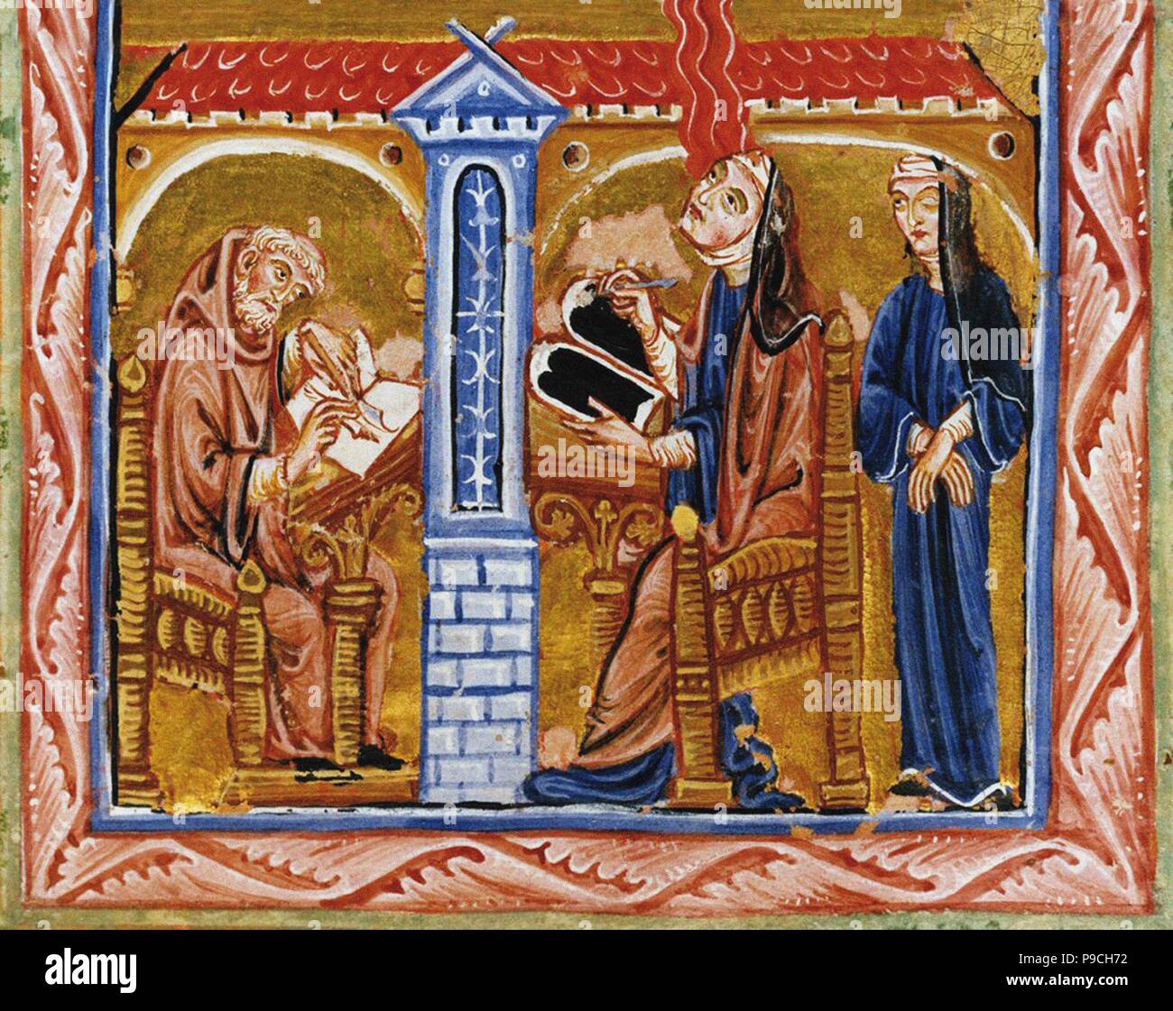 Hildegard receives a vision in the presence of her secretary Volmar and her confidante Richardis. Museum: Biblioteca Statale, Lucca. Stock Photo