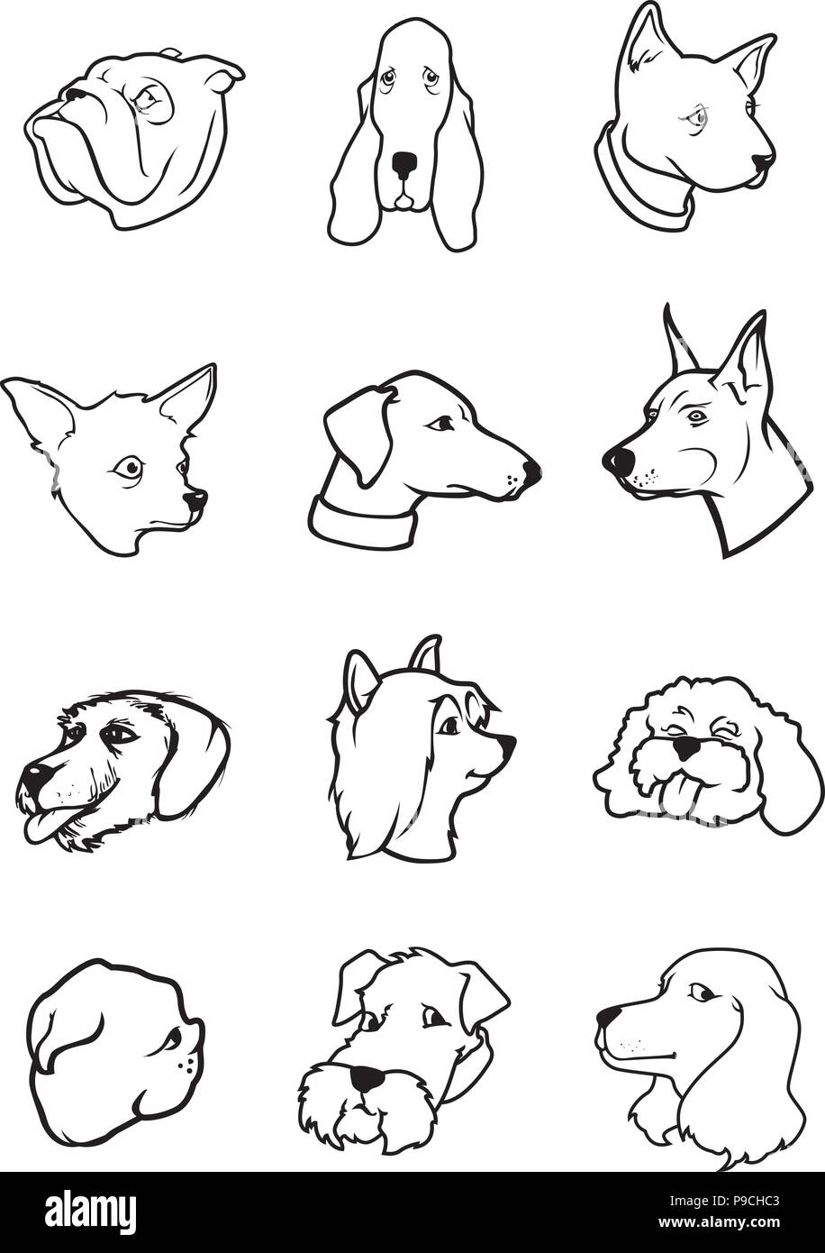 cartoon vector illustration of black and white dog faces Stock Vector