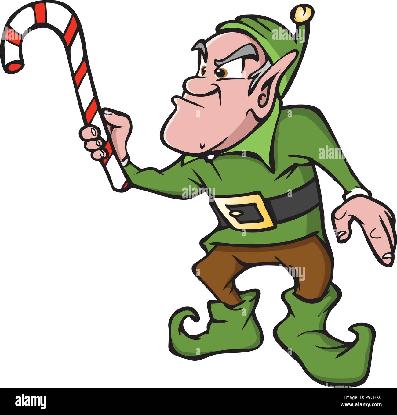 cartoon vector illustration of an angry elf with candy cane at  Christmas Stock Vector