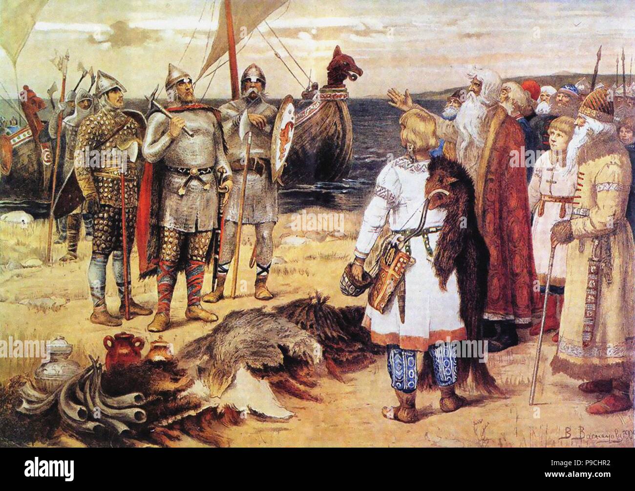 The Invitation of the Varangians: Rurik and his brothers arrive in Staraya Ladoga. Museum: PRIVATE COLLECTION. Stock Photo