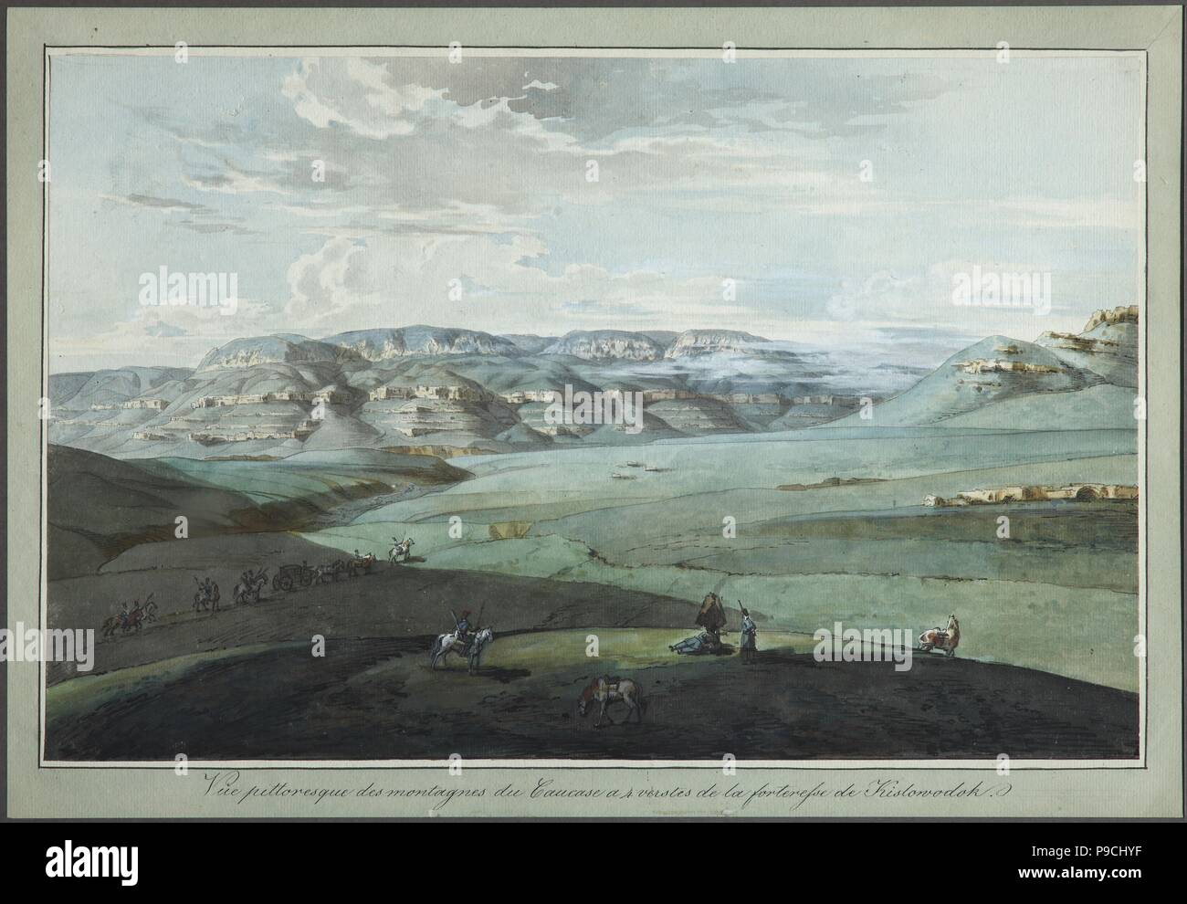 View of Caucasian Mineral Waters and the Kislovodsk Fortress. Museum: State Central Literary Museum, Moscow. Stock Photo