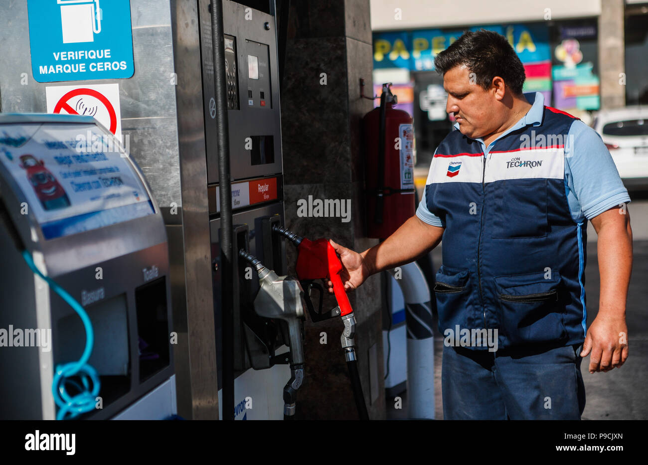 Chevron gas station in Mexico. Techron. Gas station. Gasoline service, diesel. hydrocarbons, mixture, petroleum, distillation, fuel, combustion Stock Photo