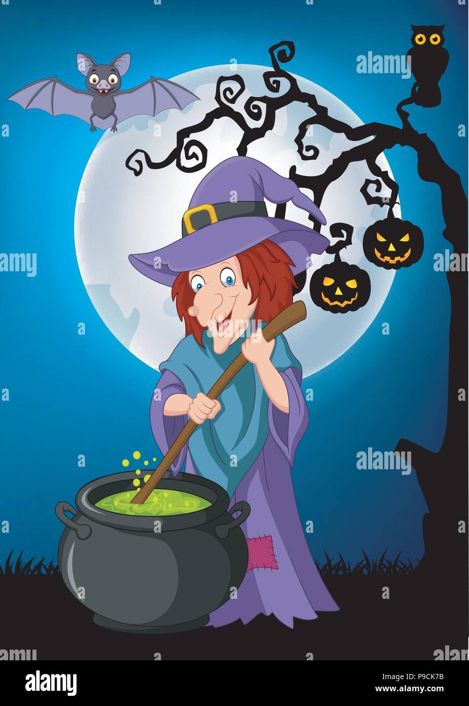 Cartoon little witch preparing potion Stock Vector