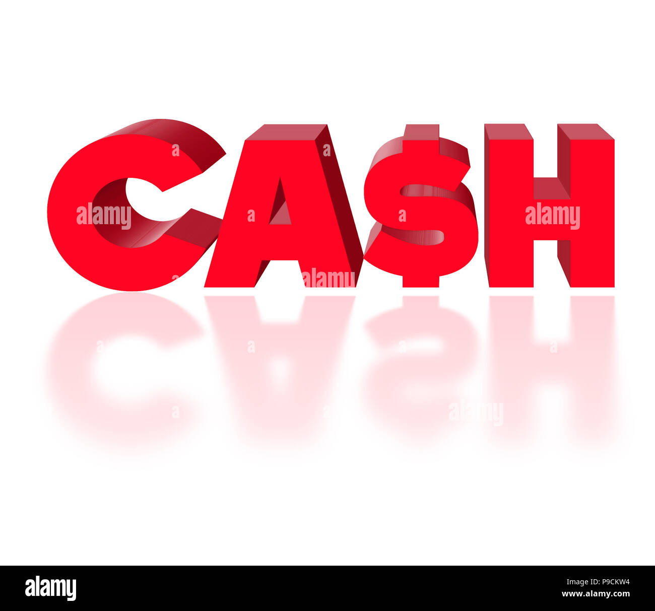 Cash word sign. Red text on white background. US dollar sign. 3d