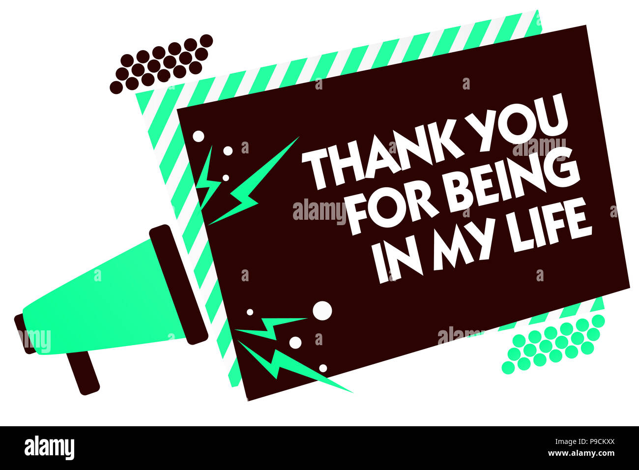 Word writing text Thank You For Being In My Life. Business concept for loving someone for being by your side Megaphone loudspeaker green striped frame Stock Photo