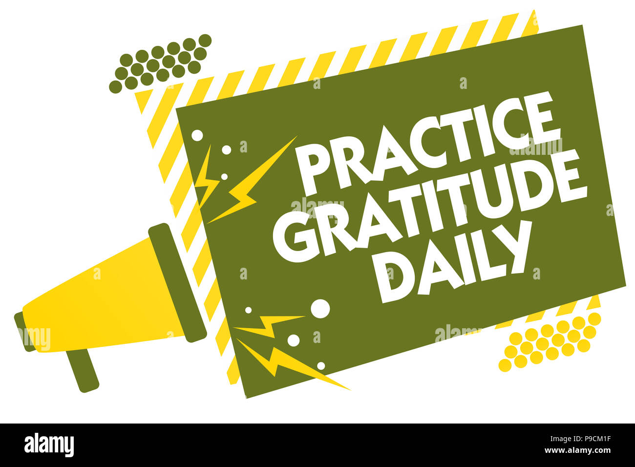 Writing note showing Practice Gratitude Daily. Business photo showcasing be grateful to those who helped encouarged you Megaphone loudspeaker yellow s Stock Photo