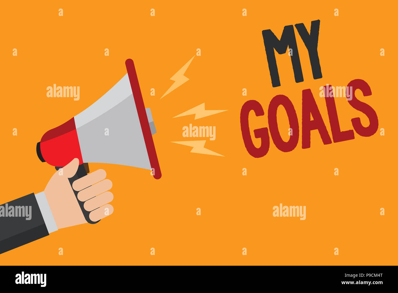 Handwriting Text Writing My Goals Concept Meaning Future Or Desired Result That A Person Commits To Achieve Man Holding Megaphone Loudspeaker Loud Sc Stock Photo Alamy