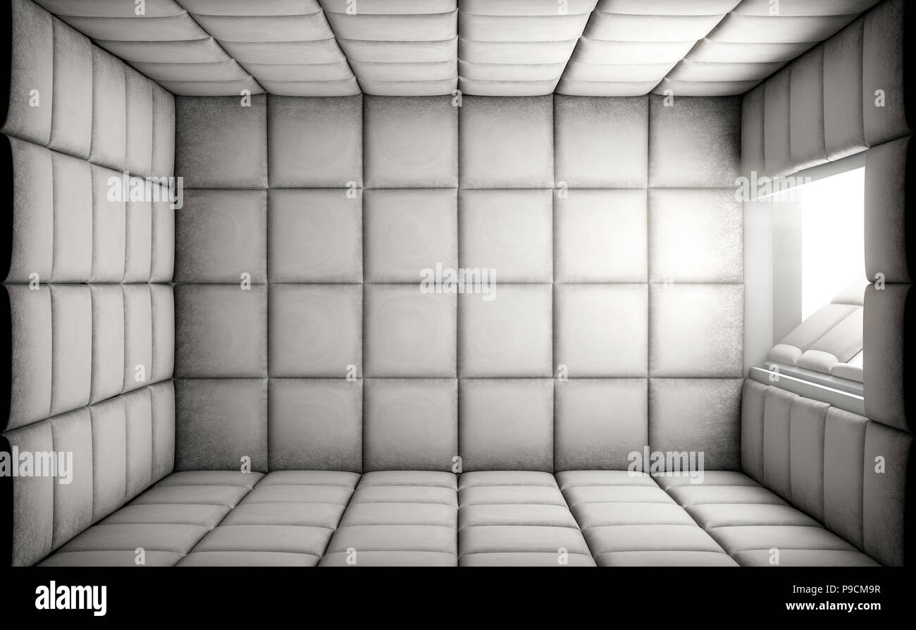 An empty white padded cell with an open door in a mental hospital - 3D render Stock Photo