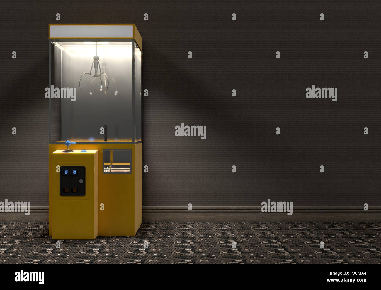 A yellow empty arcade type claw grabber game in a dimly lit vintage room - 3D render Stock Photo