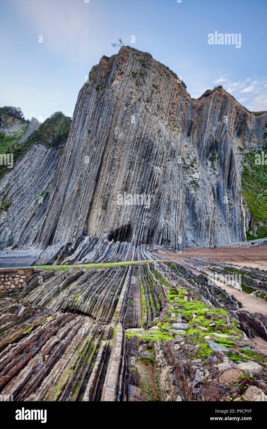 Flysch cliffs in the geological park at Itzurun Beach, Zumaia, Basque Country, Spain. Stock Photo