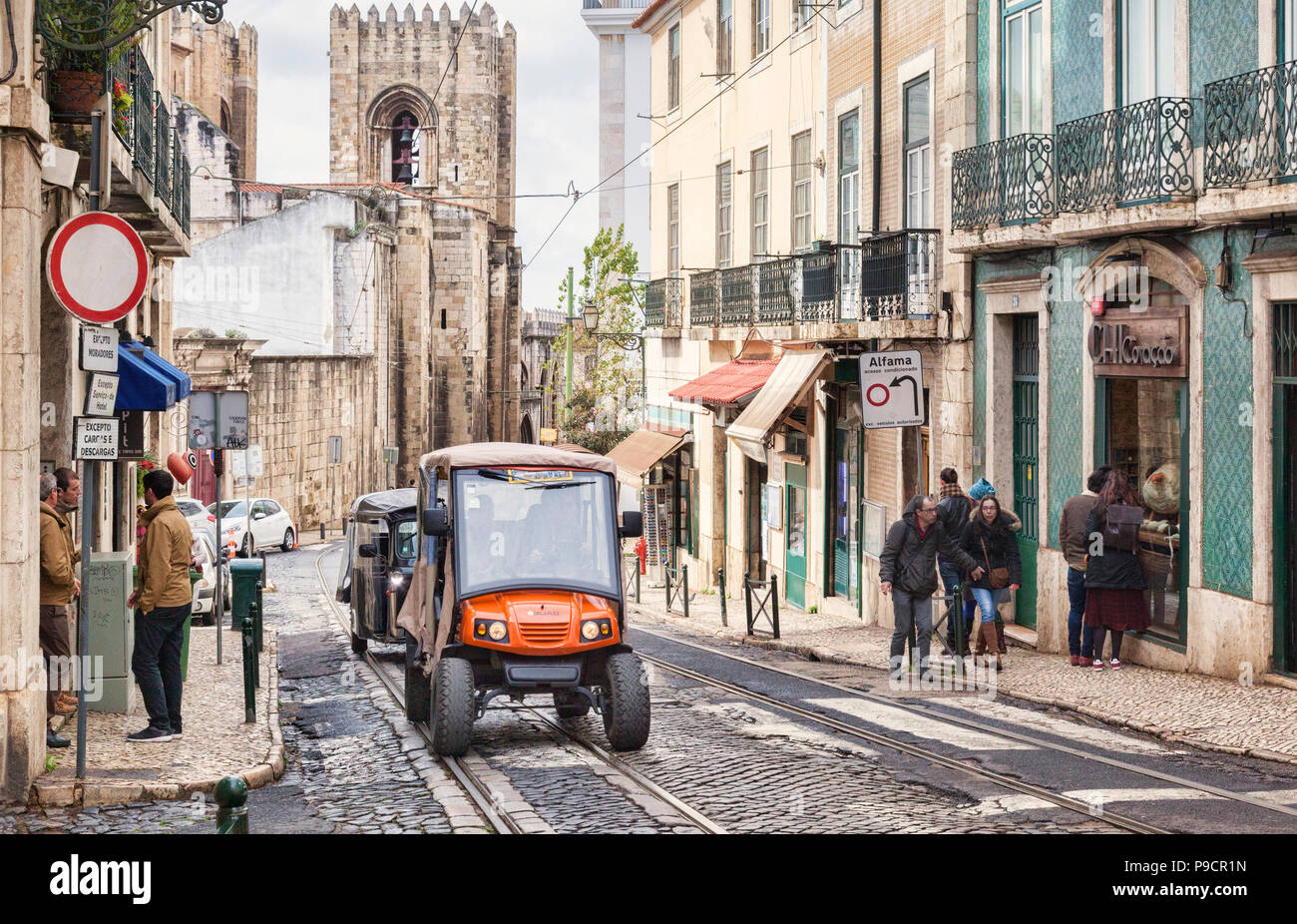 1 March 2018: Lisbon Portugal - 4X4 tuk tuk or quad bike on the streets of the Alfama District. Stock Photo