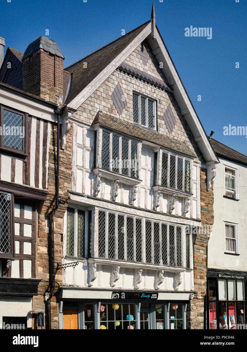 23 April 2018: Dartmouth, Devon, UK - A beautiful 16th century building in Dartmouth, Devon, UK, restored after a fire in 2010. Stock Photo