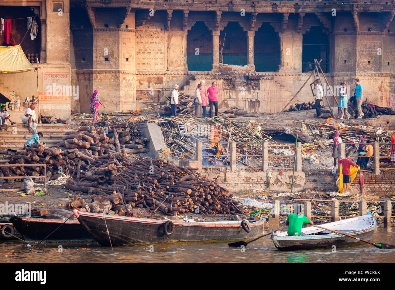 Funeral Pyres On The Bank Of The Ganges In Varanasi India Stock