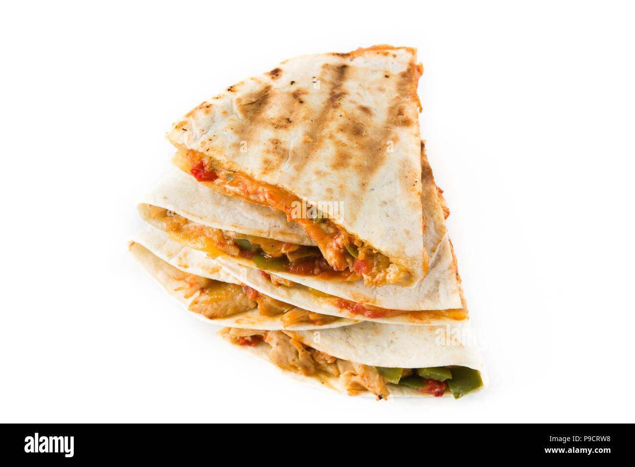 Mexican quesadilla with chicken, cheese and peppers, isolated on white