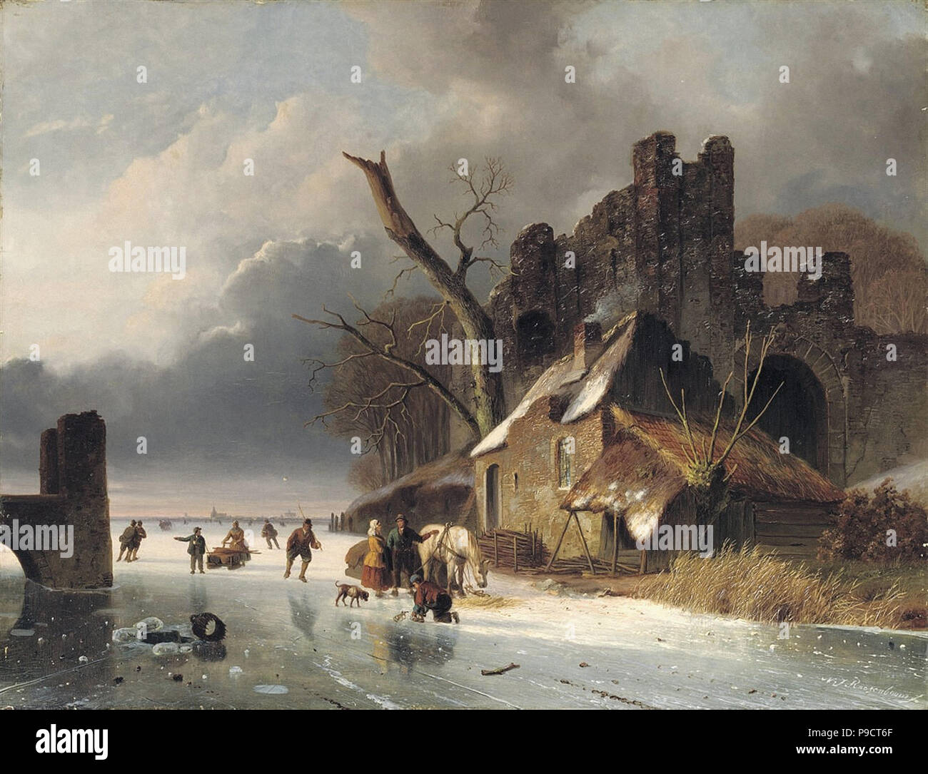 Roosenboom  Nicolaas Johannes - Townspeople on the Ice by a Ruin Stock Photo