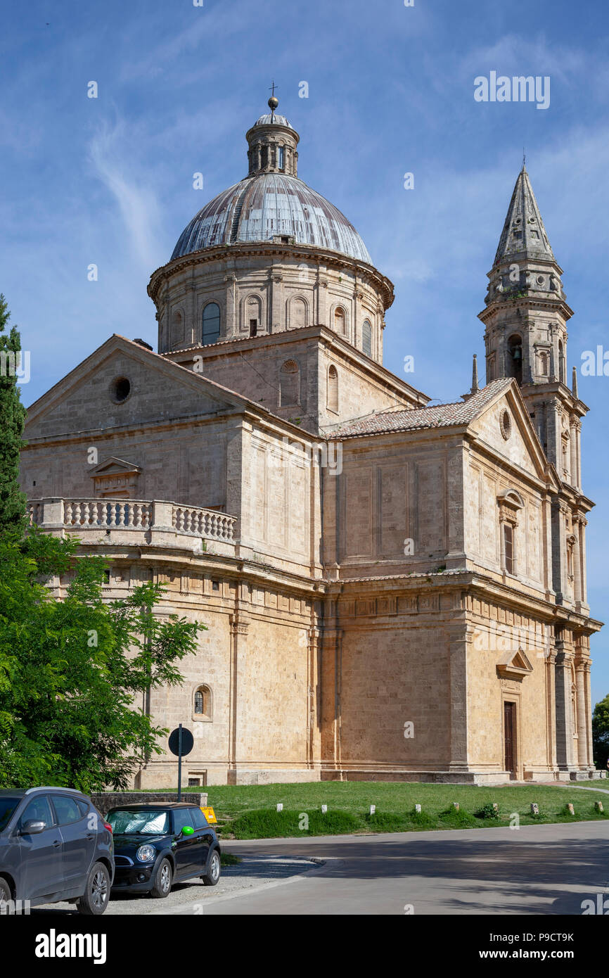 Below Montepulciano, the San Biagio church has been built according a focused Greek cross-shaped plan topped by a dome. Stock Photo