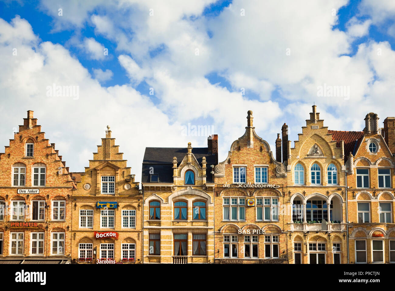 Detail of the Dutch gable or Flemish gables roof line on houses buildings in Ypres, Flanders, Belgium, Europe Stock Photo