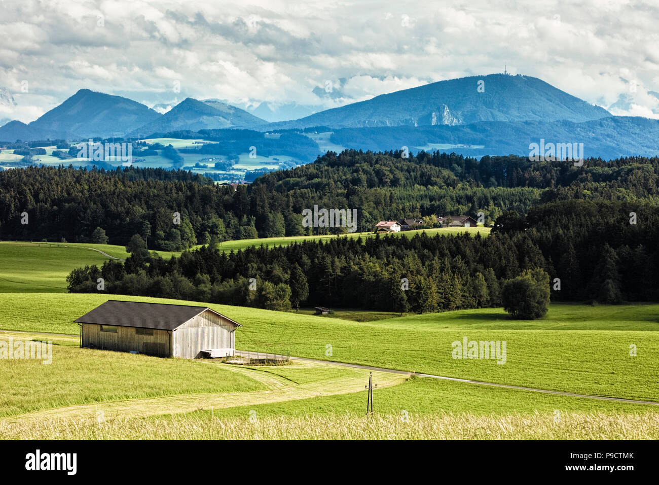 View towards The Austrian Alps over rolling Austrian countryside, Upper Austria, Europe Stock Photo