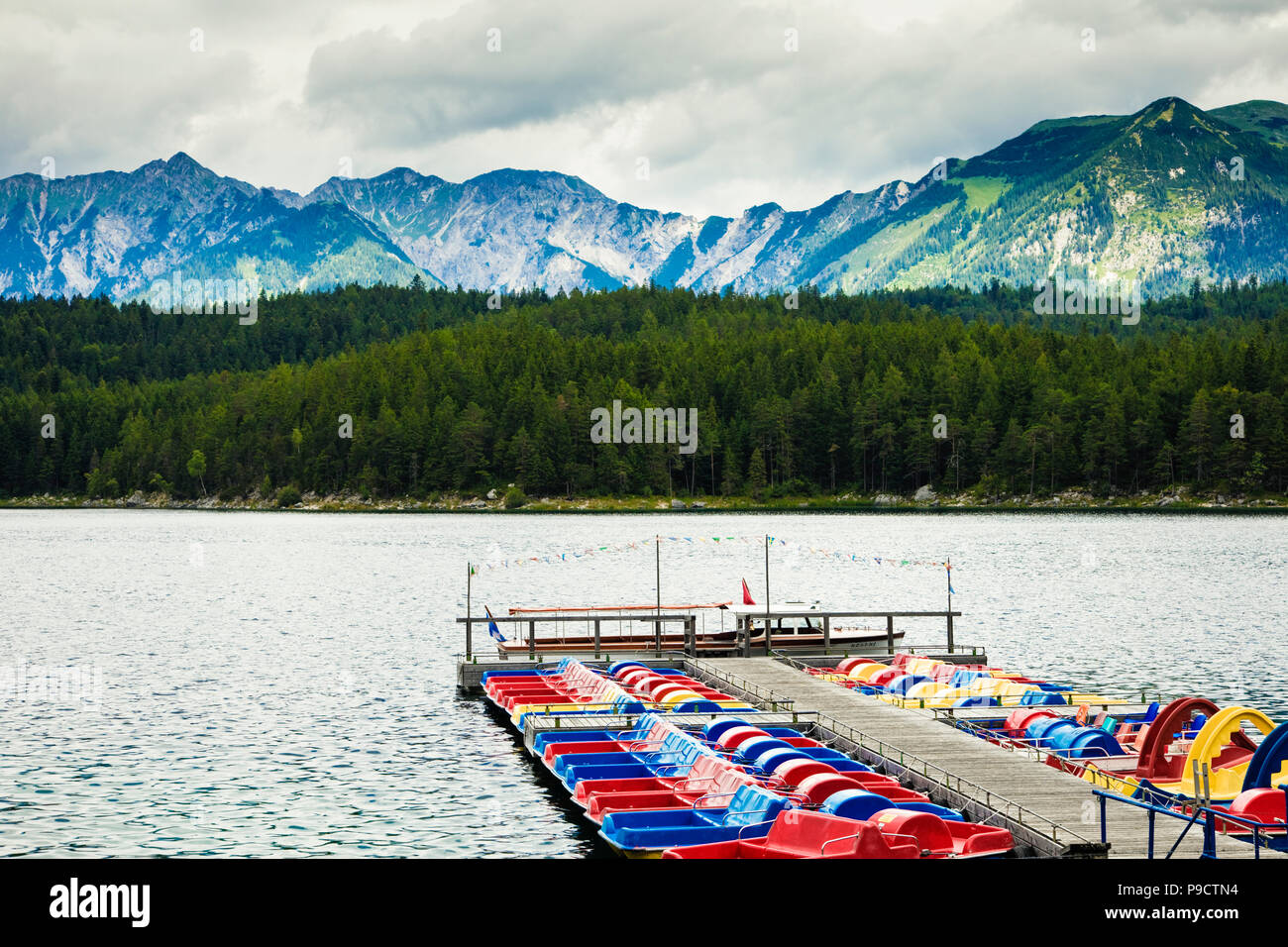 Pleasure boats moored on Lake Eibsee in the Bavarian Alps, Bavaria, Germany, Europe Stock Photo