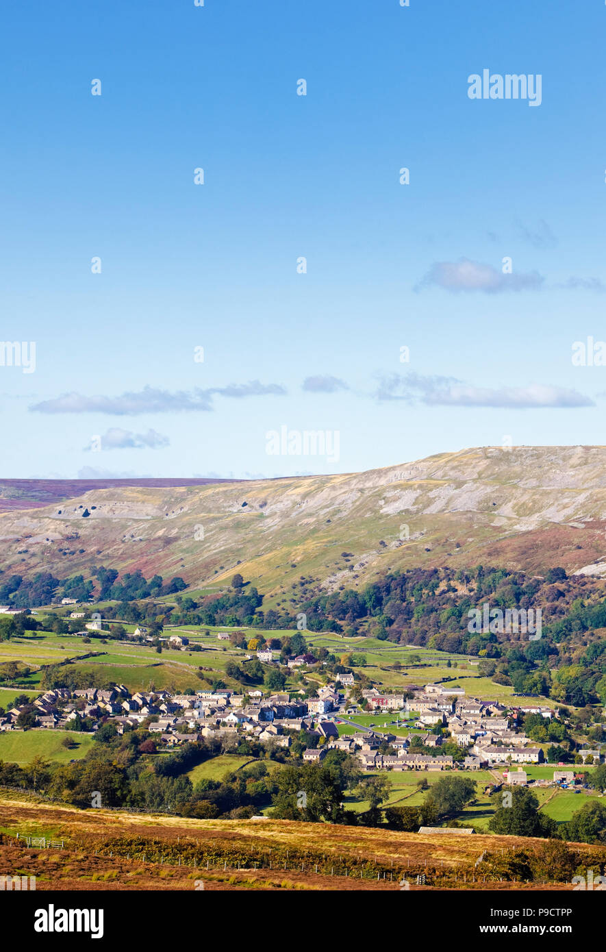 Aerial view of the Yorkshire village of Reeth below Fremington Edge in the Yorkshire Dales National Park, England, UK Stock Photo
