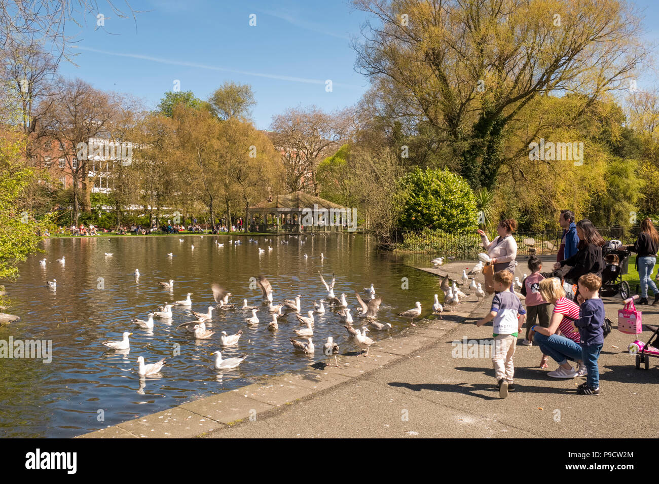 Families feeding the birds at the lake in St Stephen's Green urban park, Dublin, Ireland, Europe Stock Photo