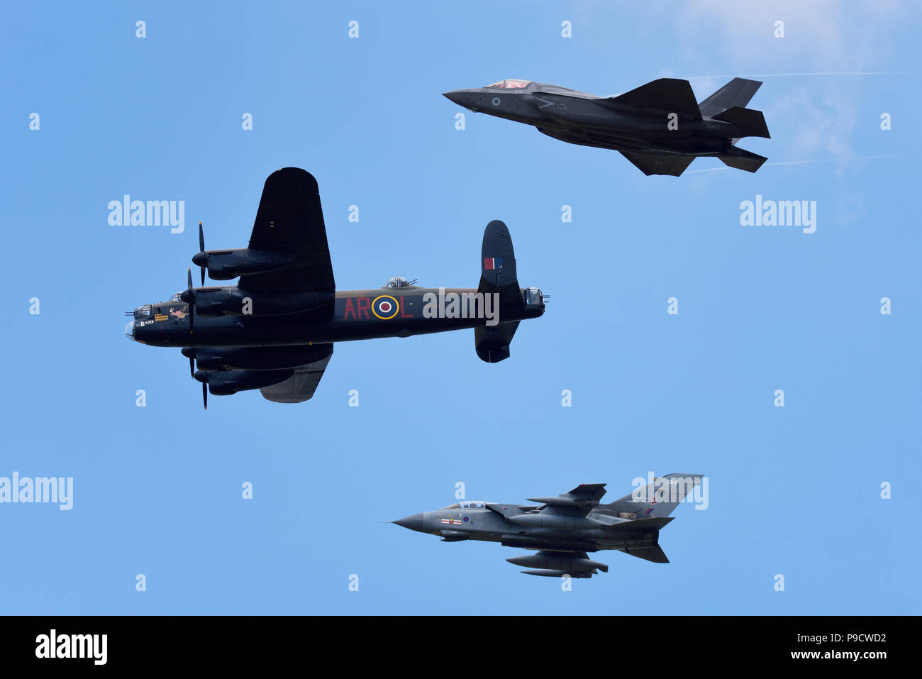 Dambusters 617Sqn 617 Squadron commemoration, Avro Lancaster, Tornado and F-35 flying at the Royal International Air Tattoo, RIAT, RAF Fairford, UK. Stock Photo