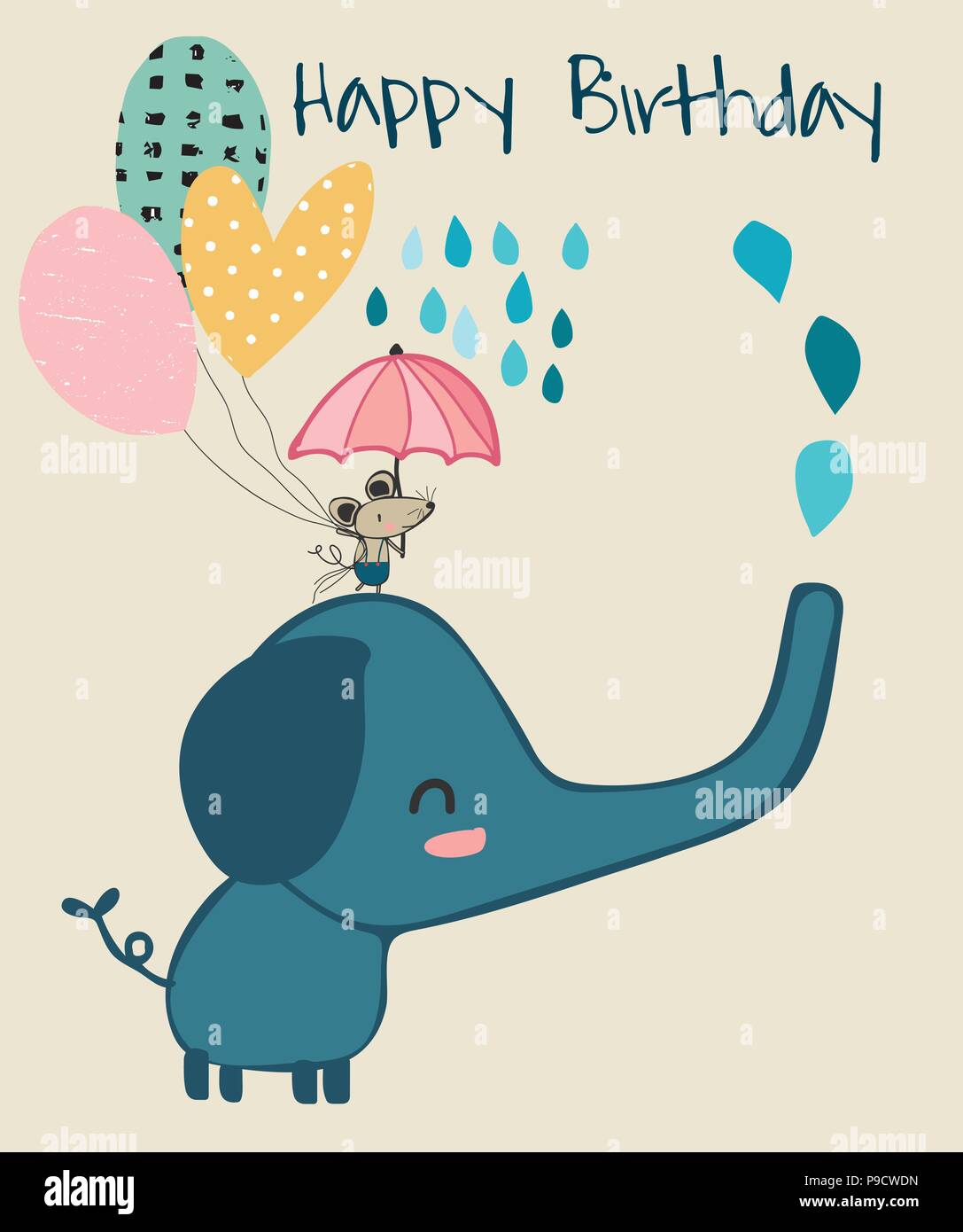 cute elephant and little mouse holding umbrella, birthday card Stock Vector