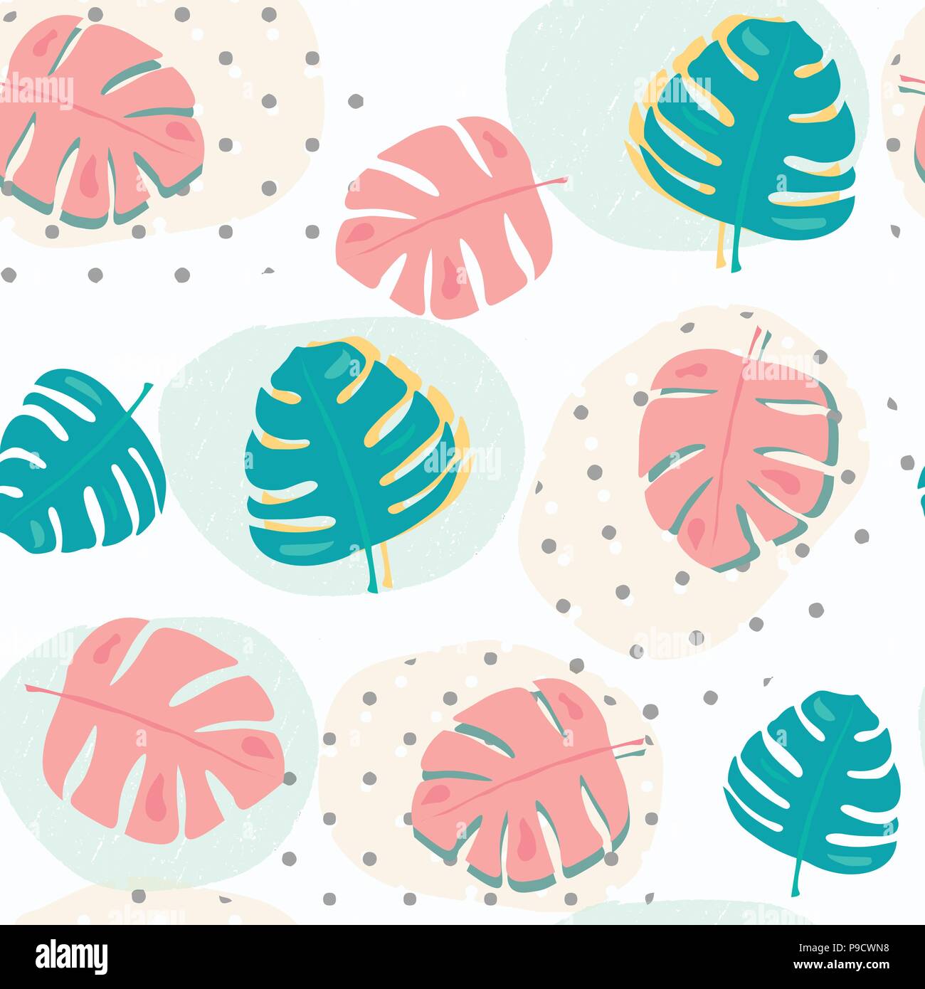 doodle pastel tropical summer leafs pattern seamless background Stock Vector