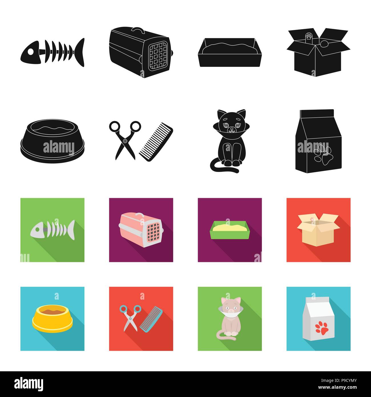 A bowl with food, a haircut for a cat, a sick cat, a package of feeds. at set collection icons