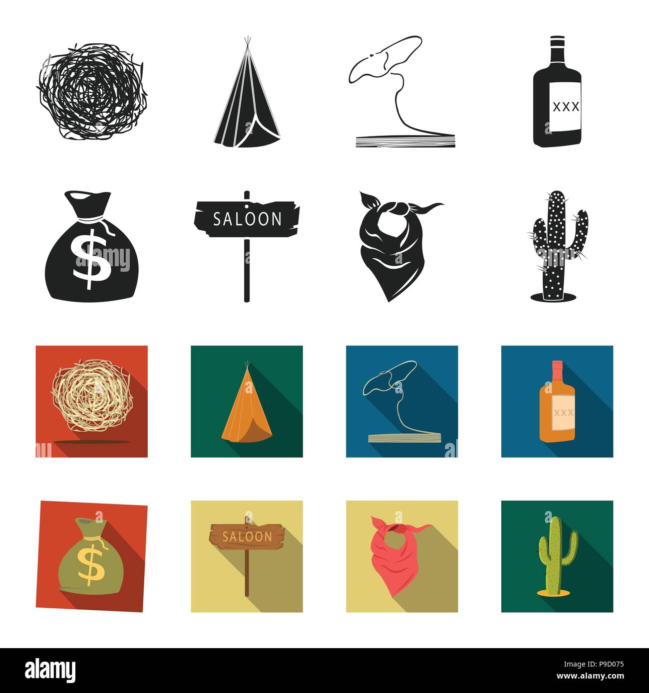 Bag of money, saloon, cowboy kerchief, cactus. Wild west set collection icons in black,flet style vector symbol stock illustration . Stock Vector