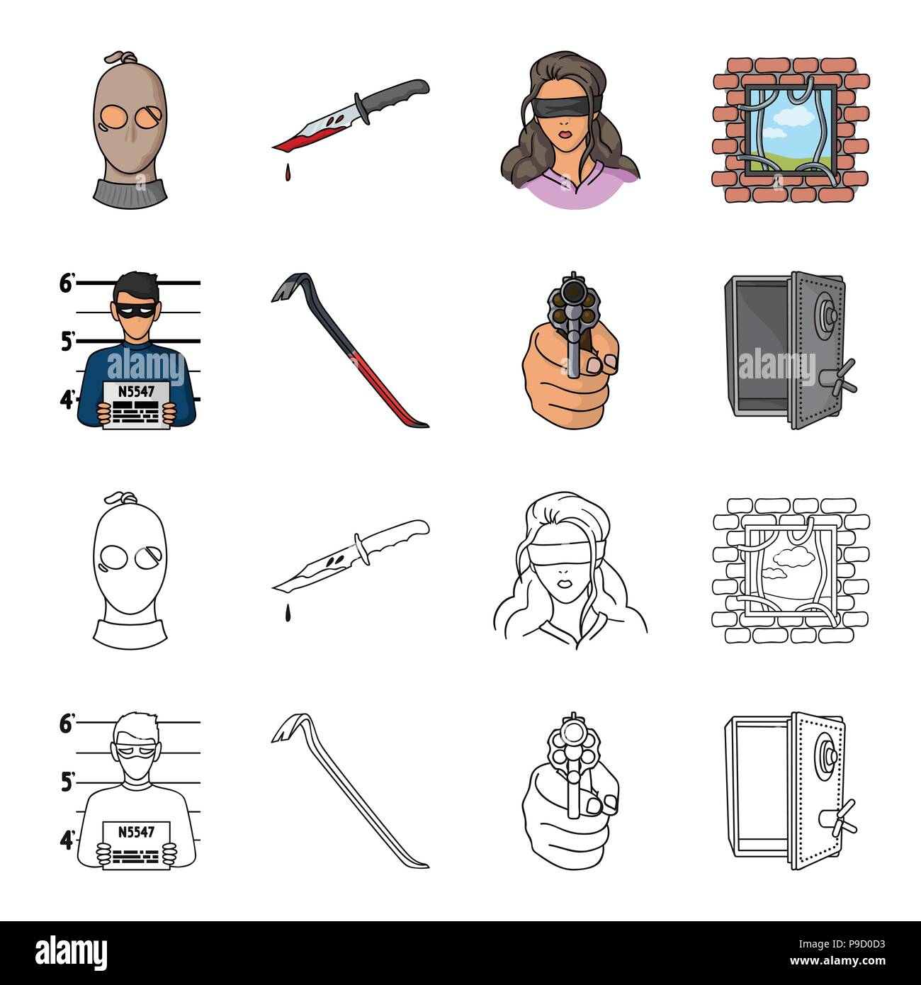 Photo of criminal, scrap, open safe, directional gun.Crime set collection icons in cartoon,outline style vector symbol stock illustration . Stock Vector