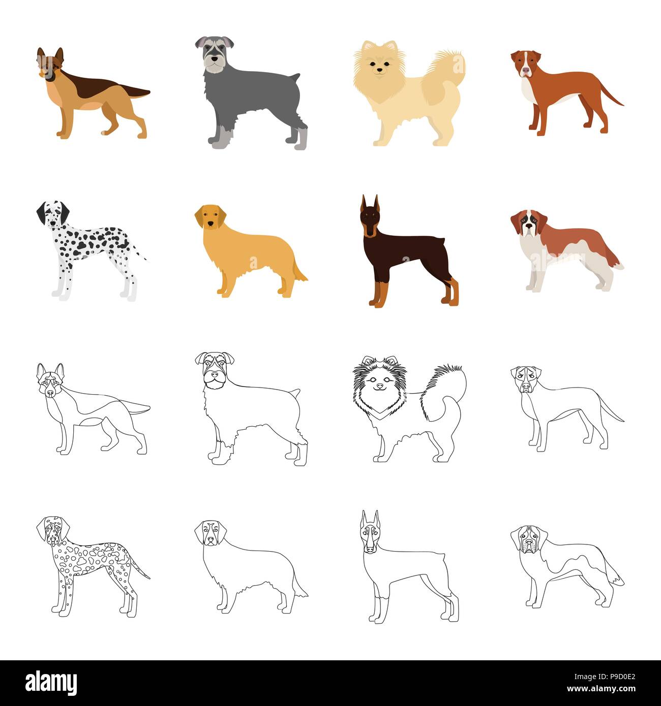 Dog breeds cartoon,outline icons in set collection for design.Dog pet vector symbol stock  illustration. Stock Vector