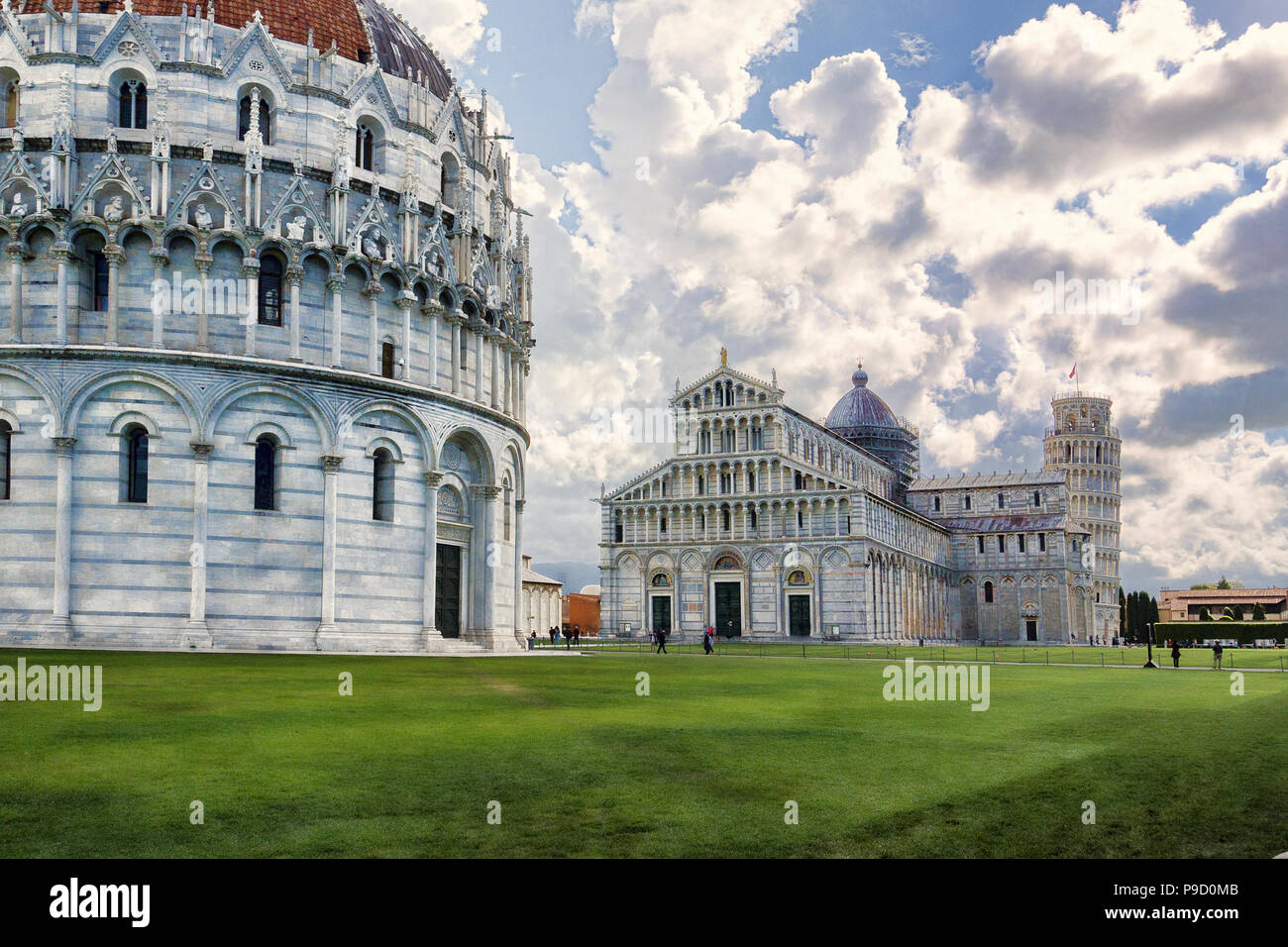 The Pisa Baptistery of St. John, Pisa Cathedral and the Leaning Tower Stock Photo