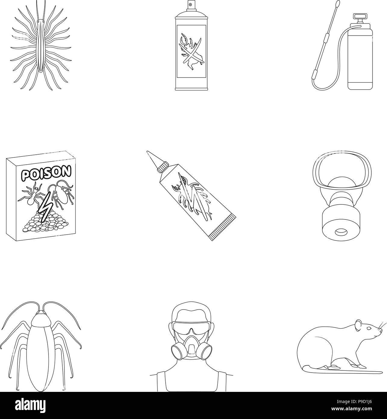 Pest, poison, personnel and various equipment outline icons in set ...