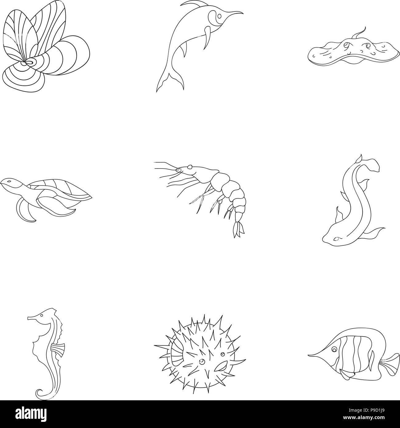 Marine and river inhabitants. Fish, whales, octopuses.Sea animals icon in set collection on outline style vector symbol stock web illustration. Stock Vector
